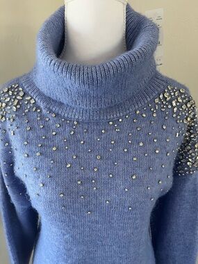 White House Black Market Periwinkle Turtleneck Sweater with Rhinestone Accents